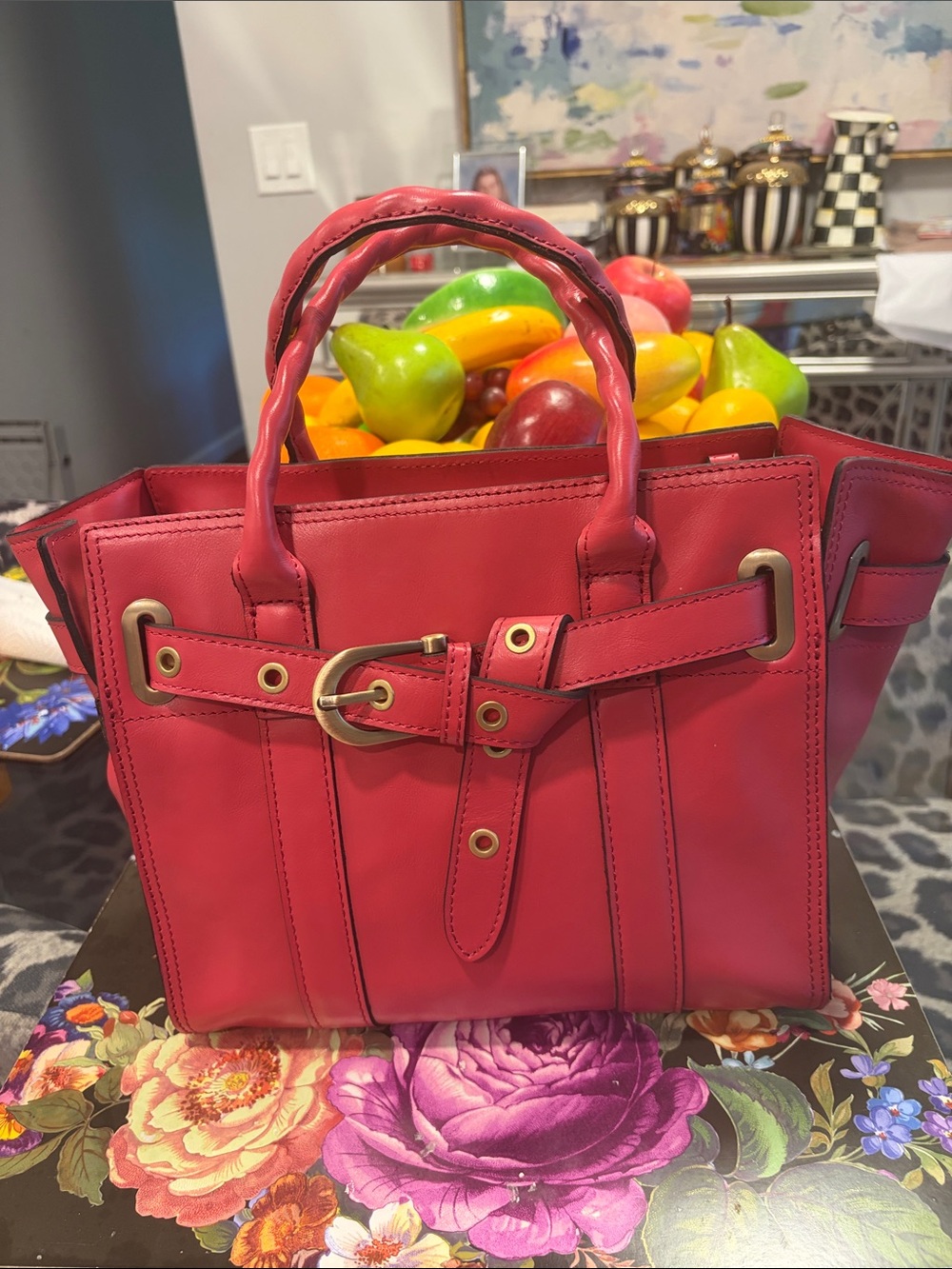 Red Leather Belt-Accent Tote Bag - Women's Handbag